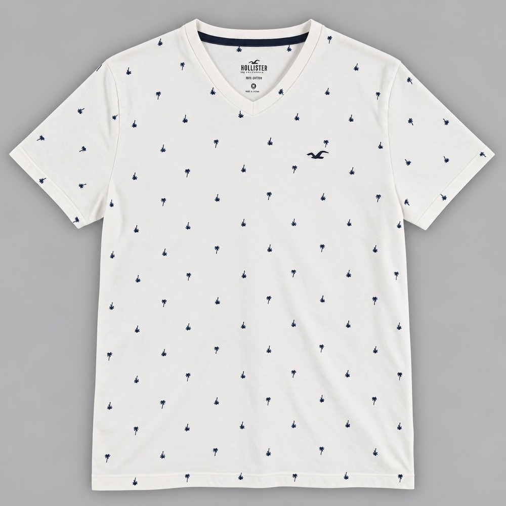 Hollister Mens V-Neck T-Shirt White Palm Tree Print Size S Must-Have Collection